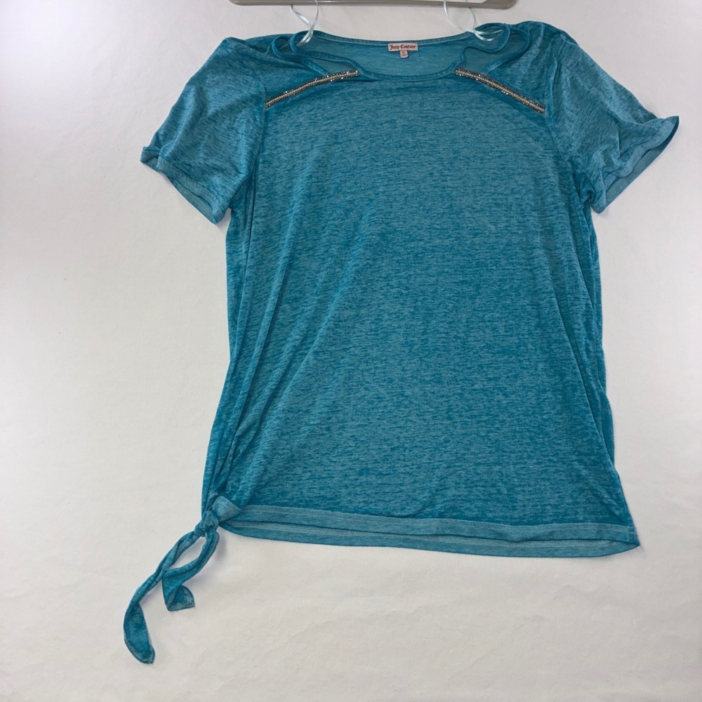 394 Juicy Couture Short Sleeve Top XL Teal Blue Rhinestone Zipper Side Tie